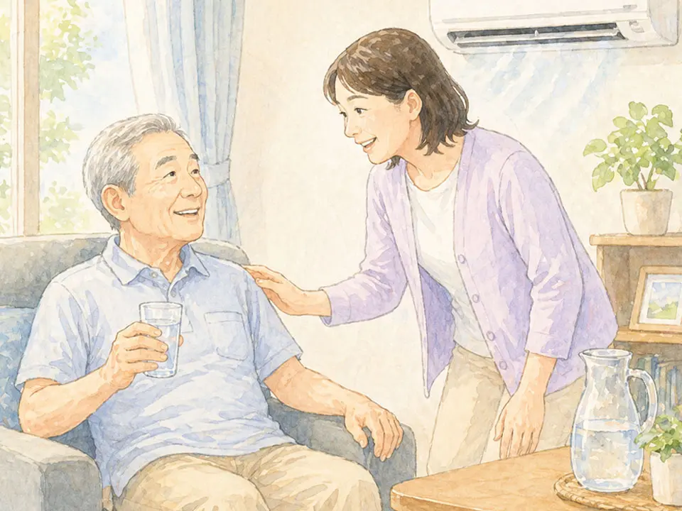高齢のご夫婦が朝の涼しい時間に水分を持ってウォーキングする様子